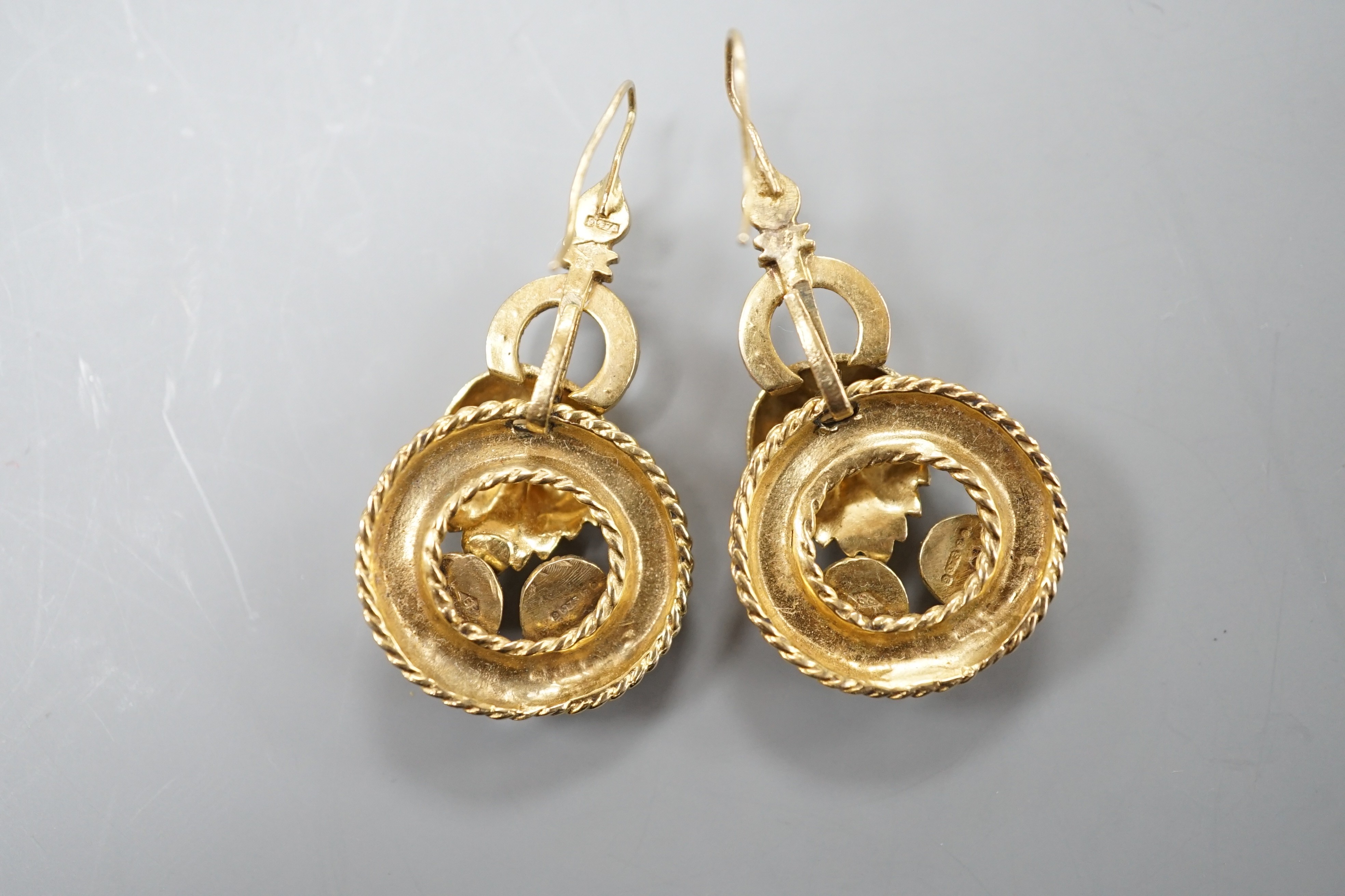 A pair of 375 yellow metal, cabochon garnet paste? and seed pearl set drop earrings, 32mm, gross weight 9.2 grams.